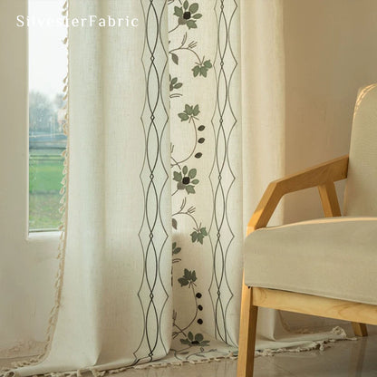 Green Embroidered White Curtains丨Kitchen Window Curtains