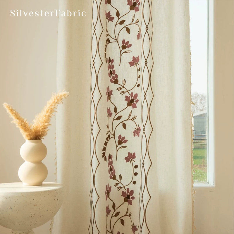 Purple Embroidered White Curtains丨Kitchen Window Curtains