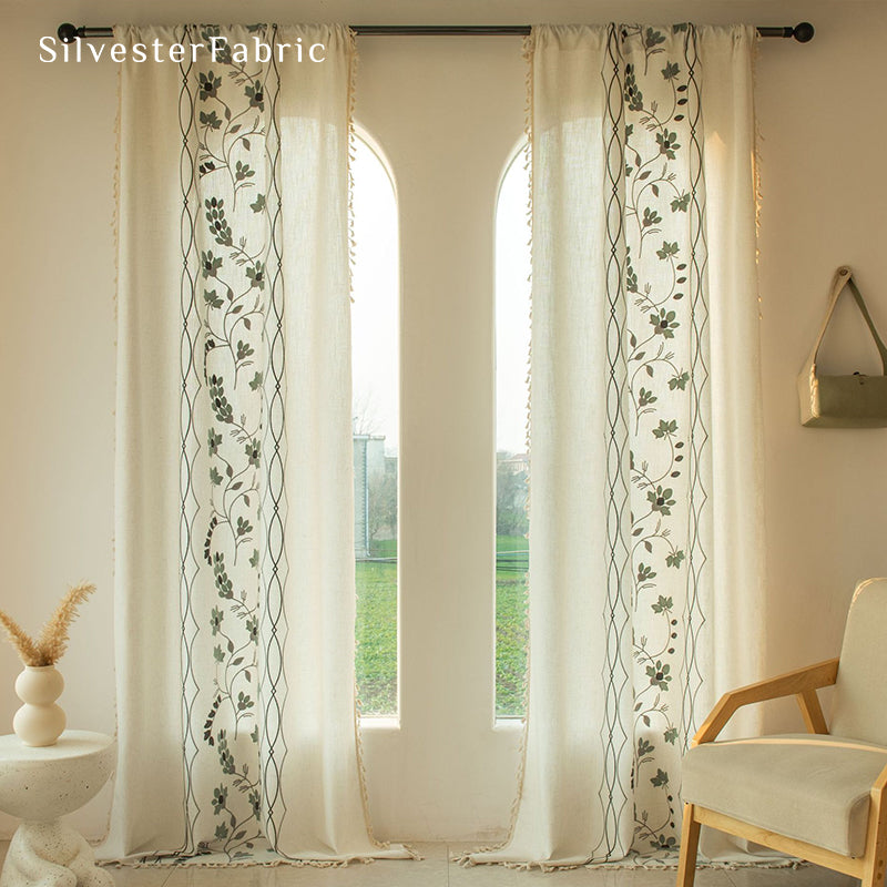 Green Embroidered White Curtains丨Kitchen Window Curtains