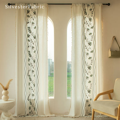 Green Embroidered White Curtains丨Kitchen Window Curtains