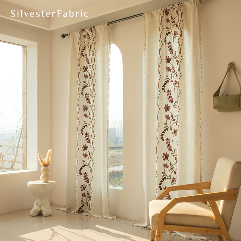 Purple Embroidered White Curtains丨Kitchen Window Curtains