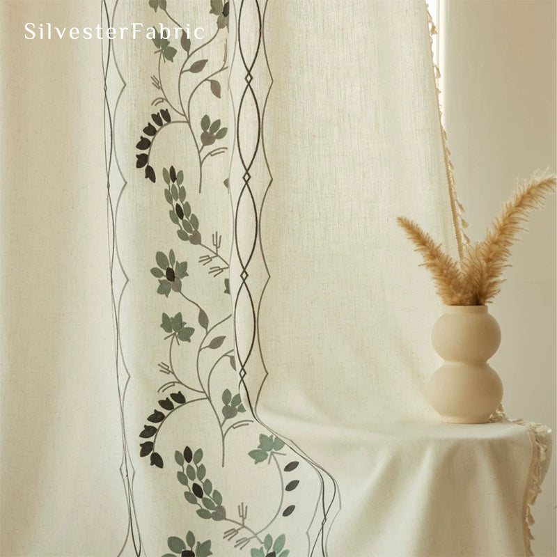 Green Embroidered Kitchen Window Curtains