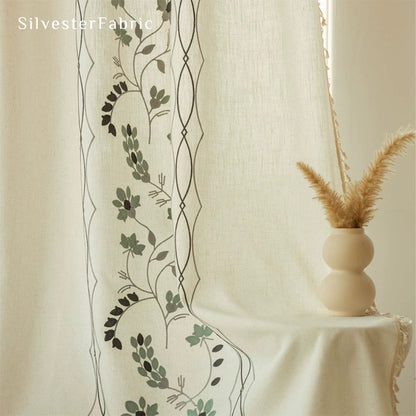 Green Embroidered Kitchen Window Curtains