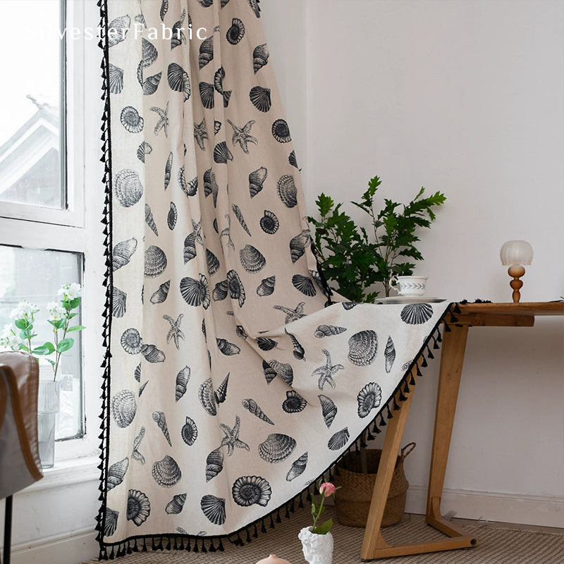 Shell Printed Curtains丨White Curtains丨Farmhouse Kitchen Curtains