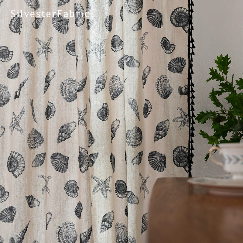 Shell Printed Curtains丨White Curtains丨Farmhouse Kitchen Curtains