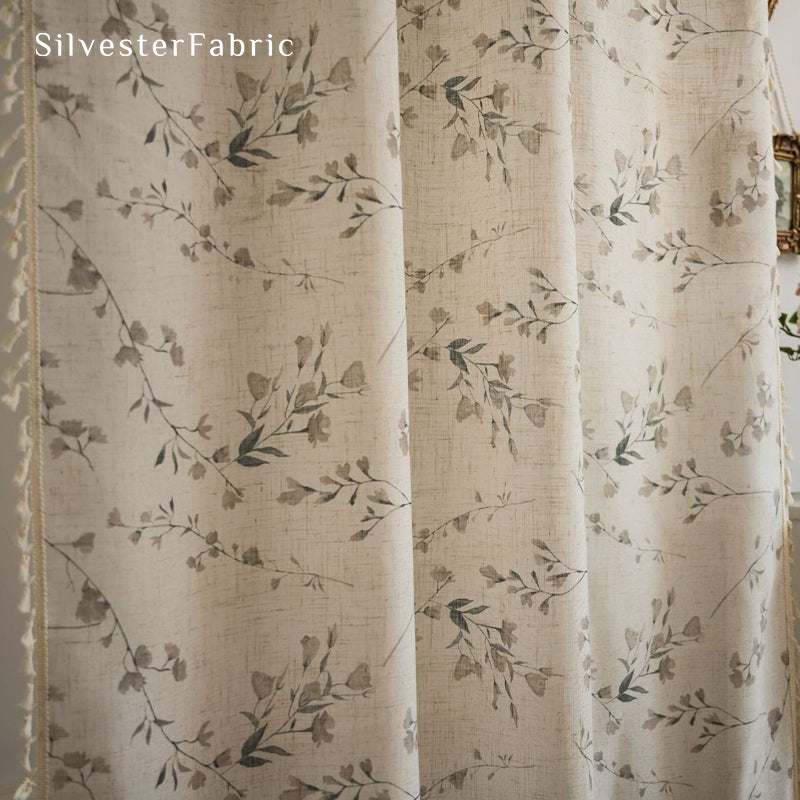 tassel trim on floral farmhouse sheer curtain panel