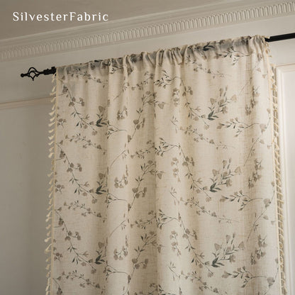 tassel trim on floral farmhouse sheer curtain panel