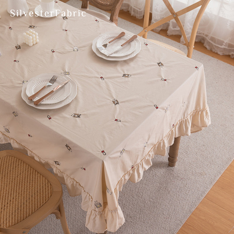 French Owl Embroidery Tablecloth丨Halloween Day Decor