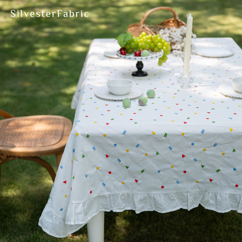 White Embroidered Tablecloth丨Rectangle Ruffled Tablecloth