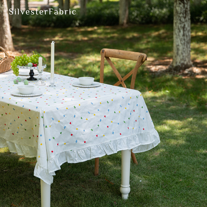 White Embroidered Tablecloth丨Rectangle Ruffled Tablecloth