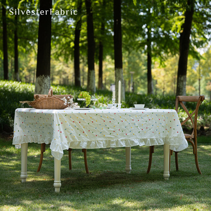 White Embroidered Tablecloth丨Rectangle Ruffled Tablecloth