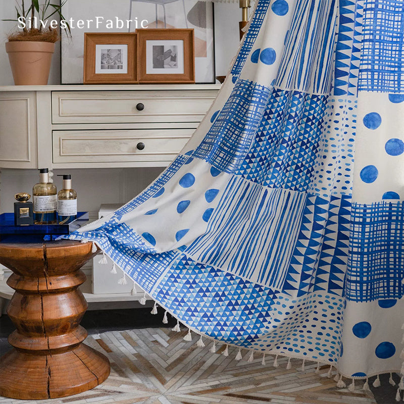 Blue Geometric Printed Curtains丨Boho Curtain​s丨Blackout Curtain​s