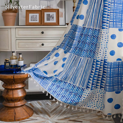 Blue Geometric Printed Curtains丨Boho Curtain​s丨Blackout Curtain​s