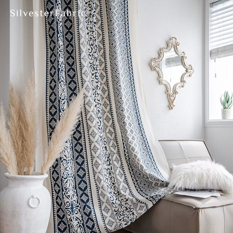 Navy Blue Boho Geometric Printed Curtains丨Blackout Curtain​s