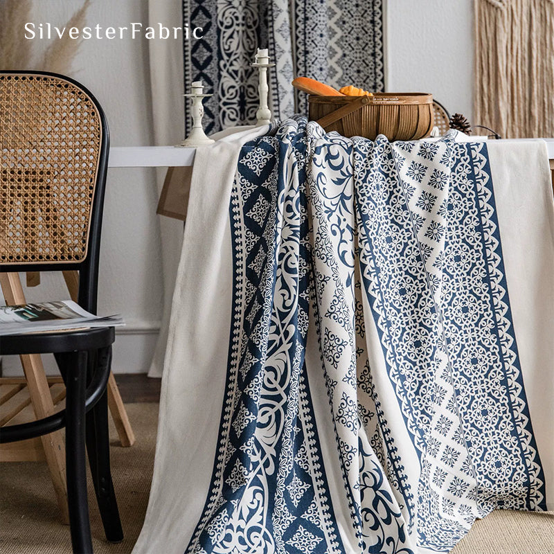 Navy Blue Geometric Boho Curtains