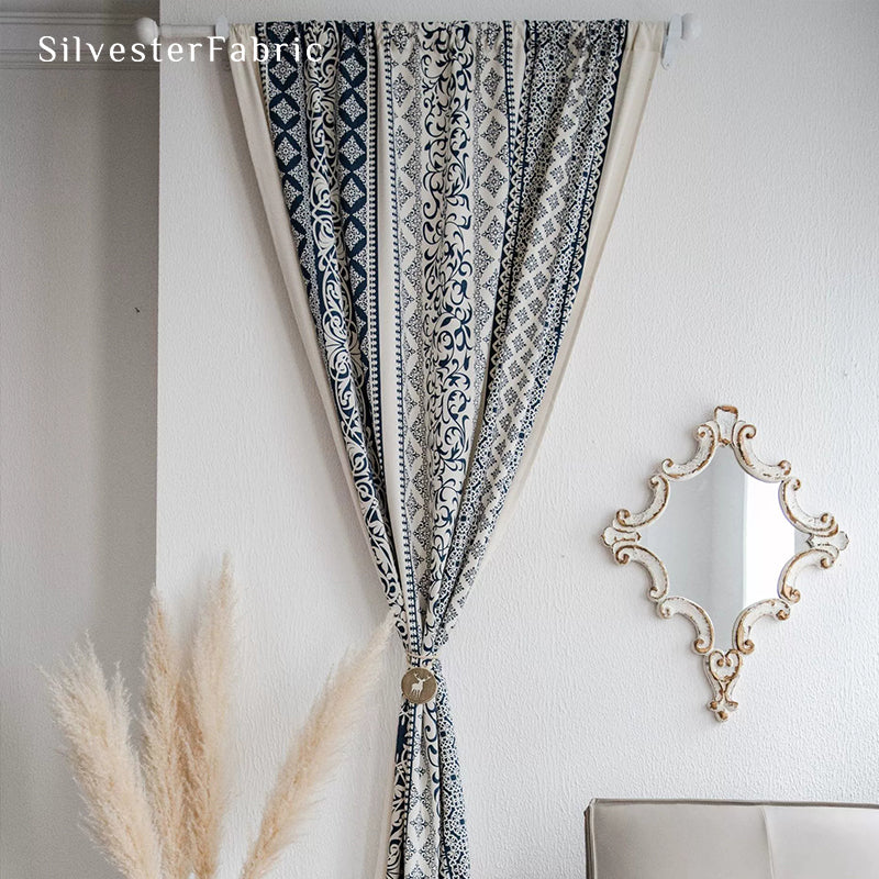 Navy Blue Geometric Boho Curtains