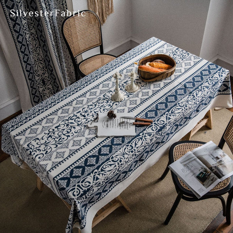 Close‑up of Navy Blue Geometric Rectangle Tablecloth corner