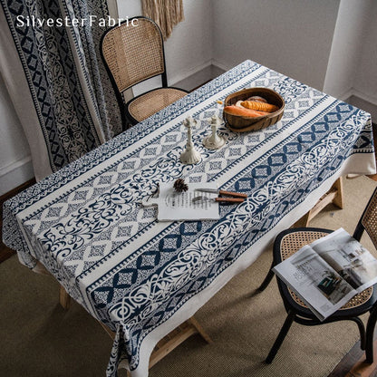 Close‑up of Navy Blue Geometric Rectangle Tablecloth corner