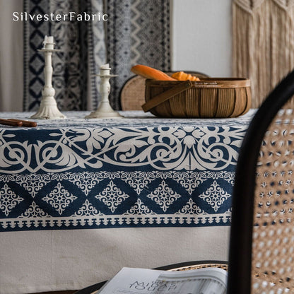 Close‑up of Navy Blue Geometric Tablecloth corner