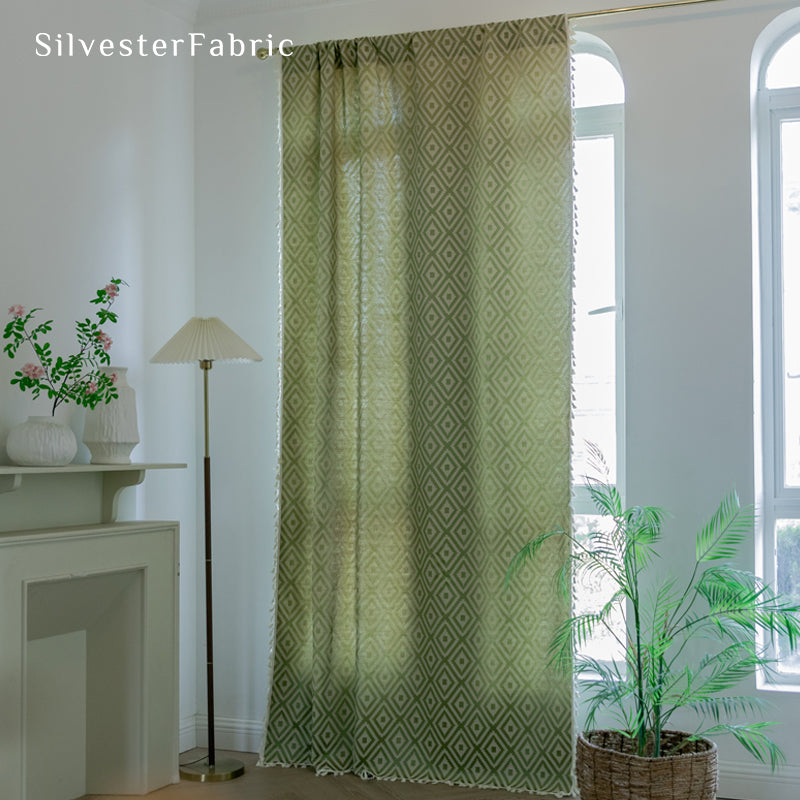 Close‑up of Green Farmhouse Diamond Curtain corner