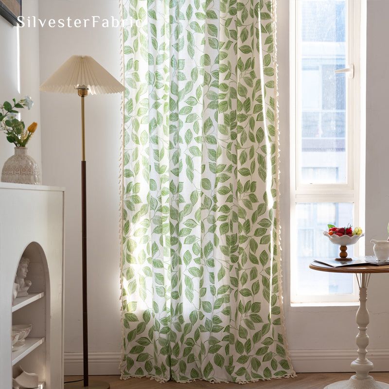 Floral Curtains丨White Curtains丨Green Leaf Printed Curtains