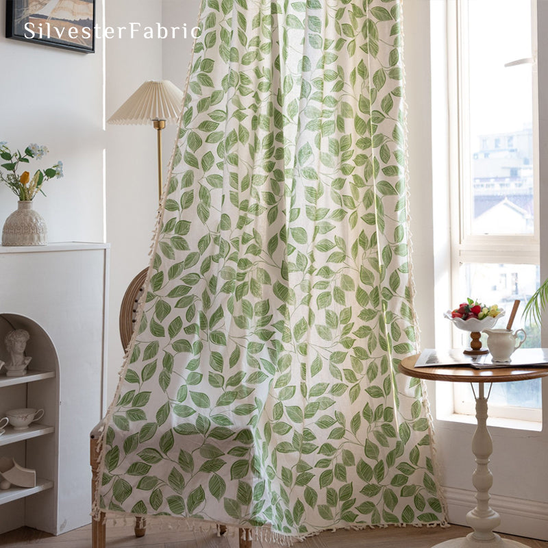 Floral Curtains丨White Curtains丨Green Leaf Printed Curtains