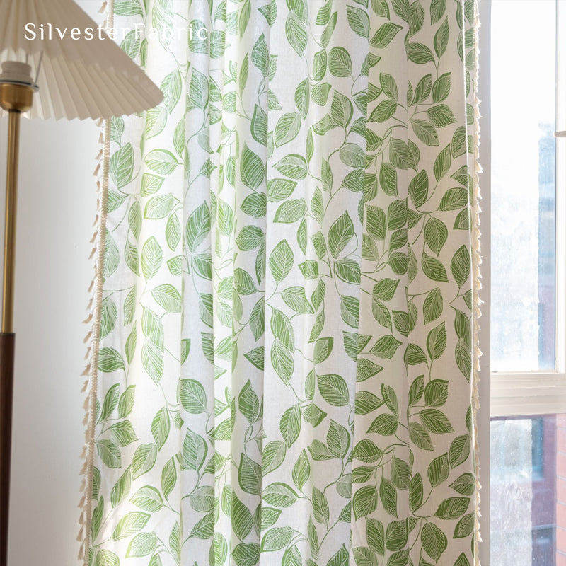 Floral Curtains丨White Curtains丨Green Leaf Printed Curtains