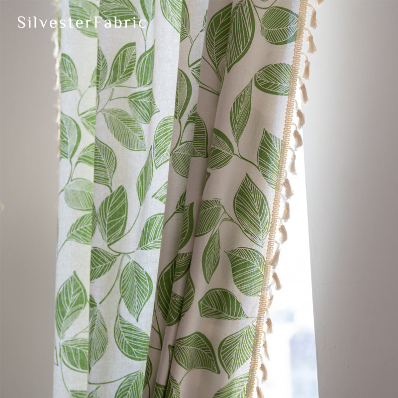 Floral Curtains丨White Curtains丨Green Leaf Printed Curtains