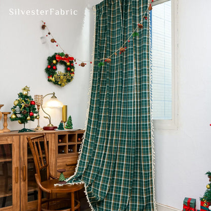 Close‑up of Green Christmas Plaid Curtain corner