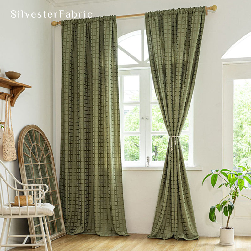 green jacquard farmhouse curtain for living room