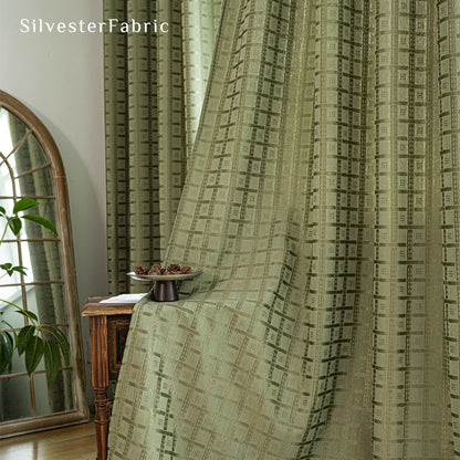 green jacquard farmhouse curtain fabric close-up