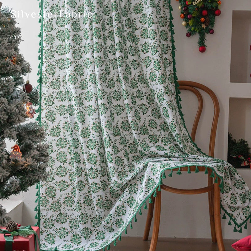 Green Christmas Printed White Curtains