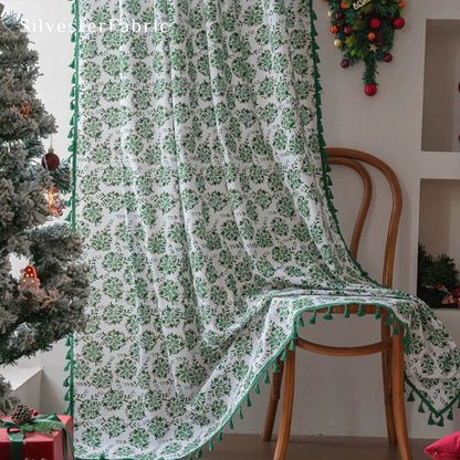 Green Christmas Printed White Curtains