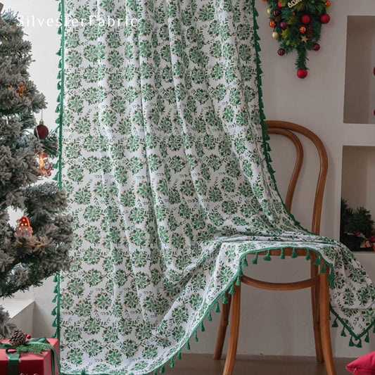 Green Christmas Printed White Curtains
