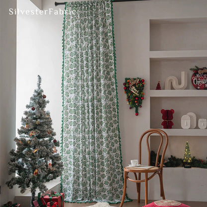 Green Christmas Printed White Curtains