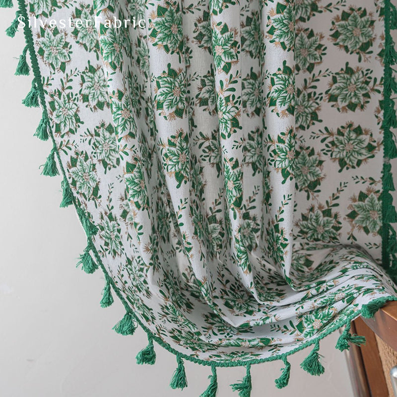 Green Christmas Printed White Curtains