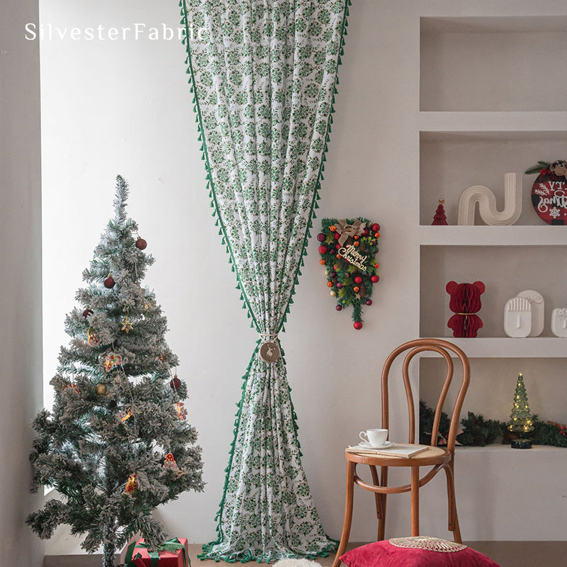 Green Christmas Printed White Curtains