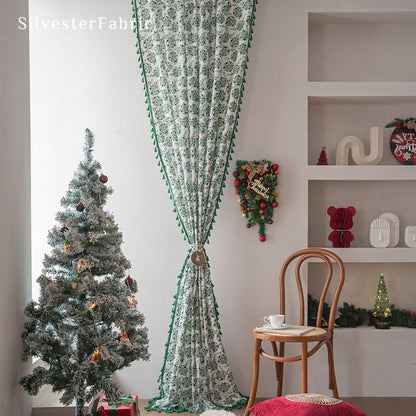 Green Christmas Printed White Curtains