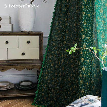 Green Christmas Curtains丨Golden Christmas Printed Curtains
