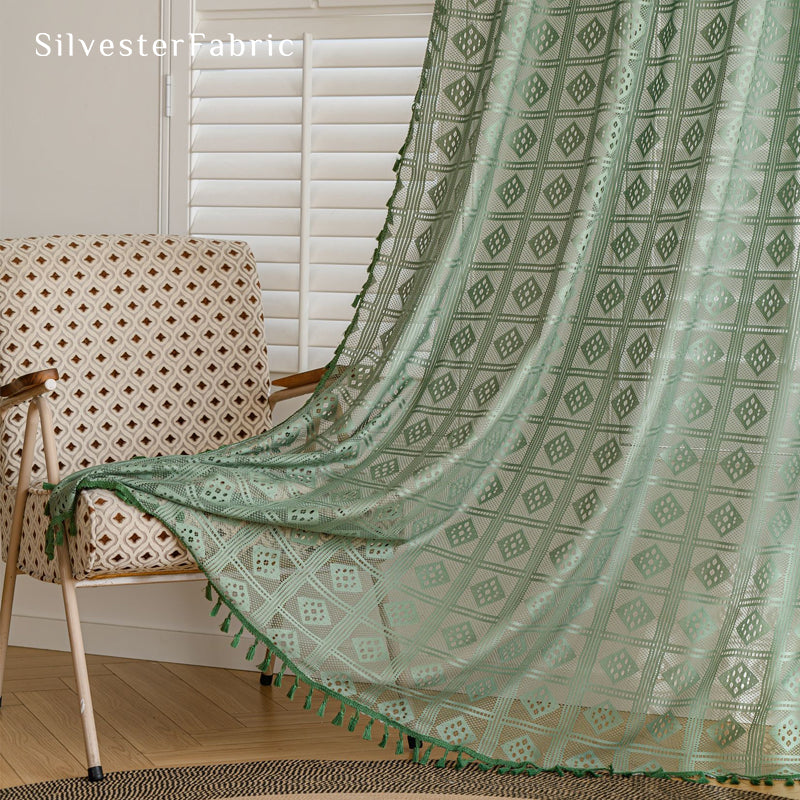 Close‑up of Green Farmhouse Pattern Sheer Curtain corner