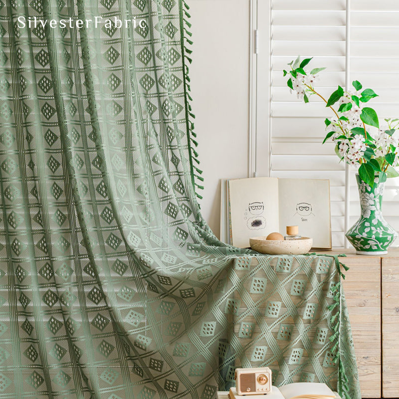 Close‑up of Green Farmhouse Sheer Curtain corner