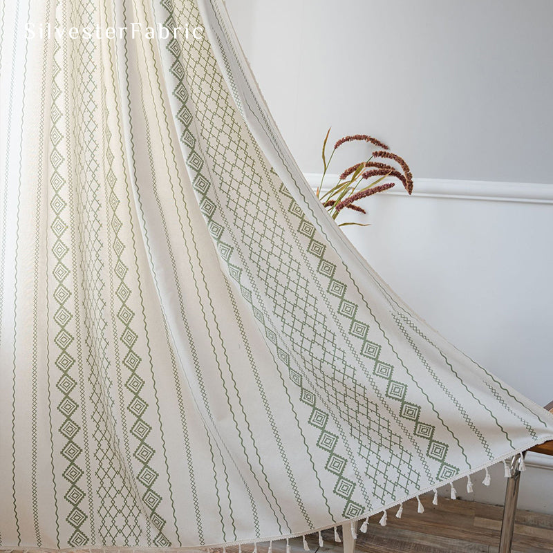 Green Striped Printed Curtains丨Geometric White Curtains