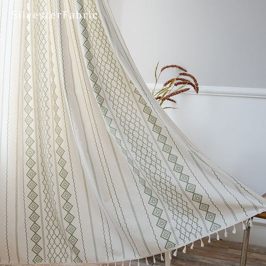 Green Striped Printed Curtains丨Geometric White Curtains