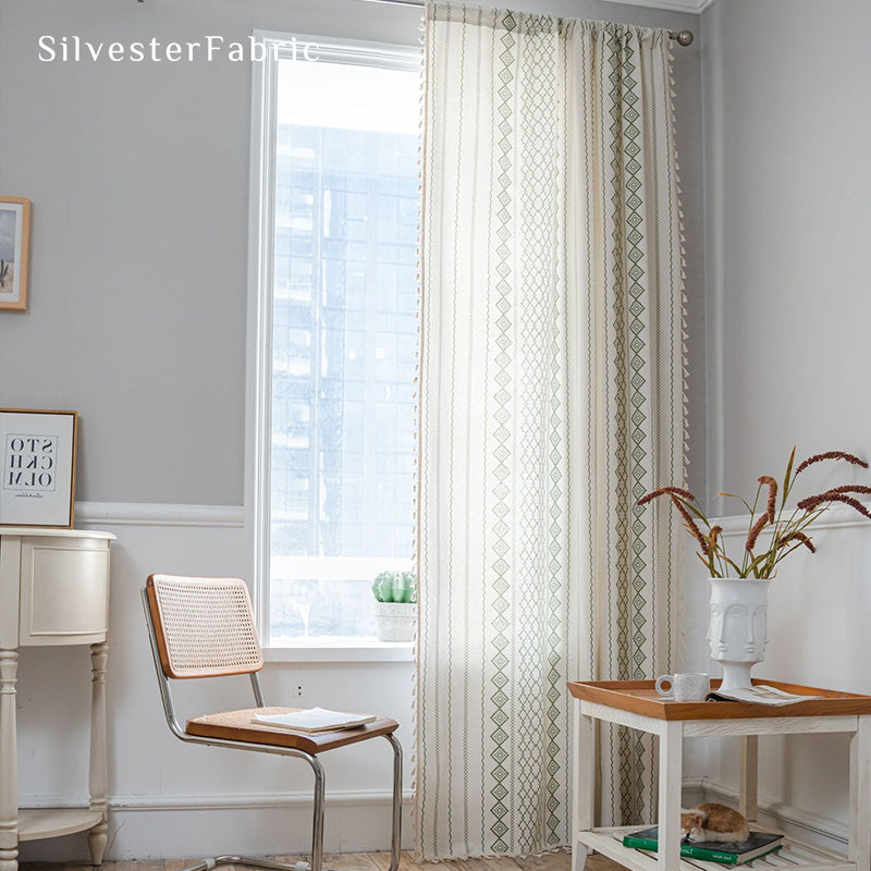 Green Striped Printed Curtains丨Geometric White Curtains