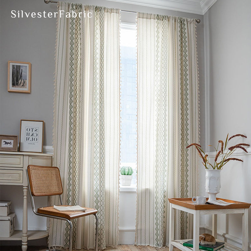 Green Striped Printed Curtains丨Geometric White Curtains