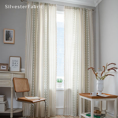 Green Striped Printed Curtains丨Geometric White Curtains