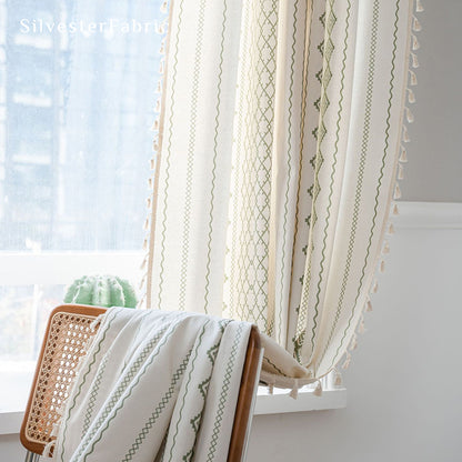 Green Striped Printed Curtains丨Geometric White Curtains