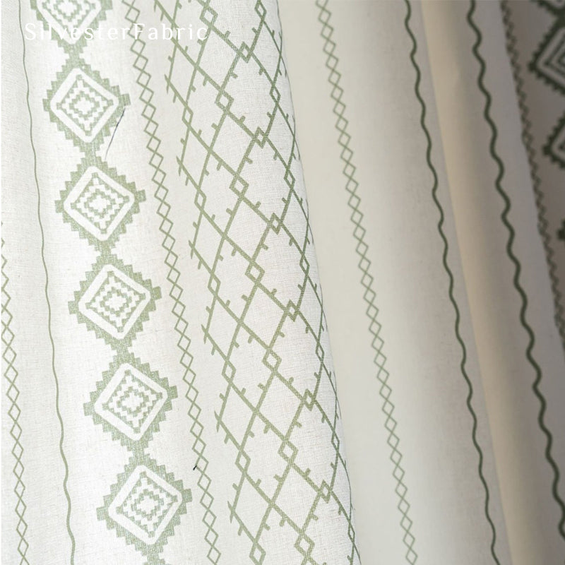 Green Striped Printed Curtains丨Geometric White Curtains