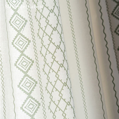 Green Striped Printed Curtains丨Geometric White Curtains