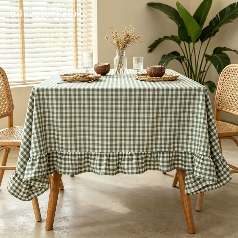 green plaid farmhouse tablecloth edge stitching detail